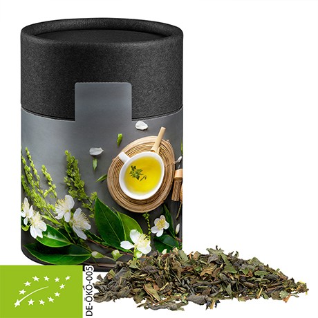 Bio Grüner Tee mit Minze, ca. 30g vegan, Biologisch abbaubare Eco Pappdose Midi schwarz