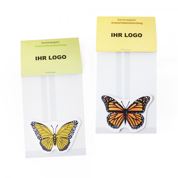 Samenpapiershape Schmetterlinge in Cellophan-Tütchen mit Werbereiter