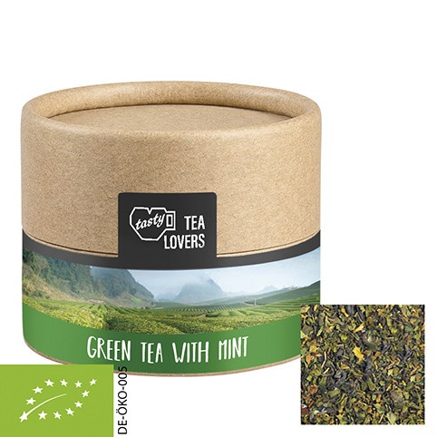 Bio Grüner Tee mit Minze, ca. 10g vegan, Biologisch abbaubare Eco Pappdose Mini