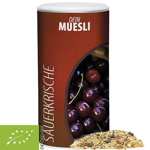 Bio Müsli Sauerkirsche, ca. 150g vegan, Pappdose Medium