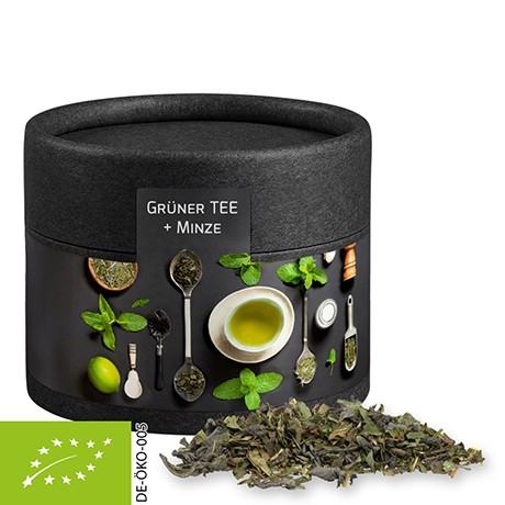 Bio Grüner Tee mit Minze, ca. 10g vegan, Biologisch abbaubare Eco Pappdose Mini schwarz