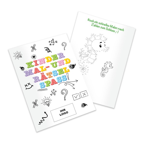 Malbuch "Kinder Mal- und Rätselspaß" aus recyceltem Papier, A4 oder A5