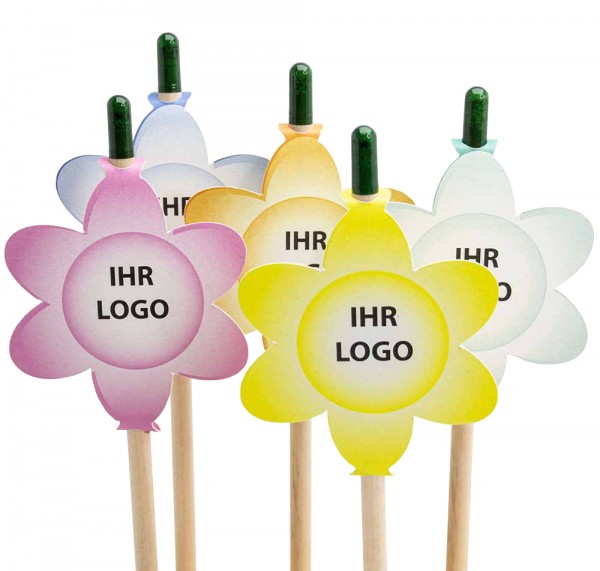 Logo-Blumenanhänger mit einem Sprout-Samenbleistift