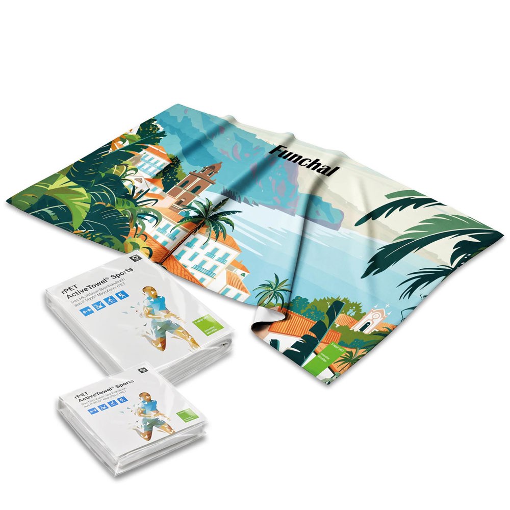 rPET ActiveTowel® Sports 130x70 cm im Polybeutel mit Standard Klappkarte, All-Inclusive-Paket